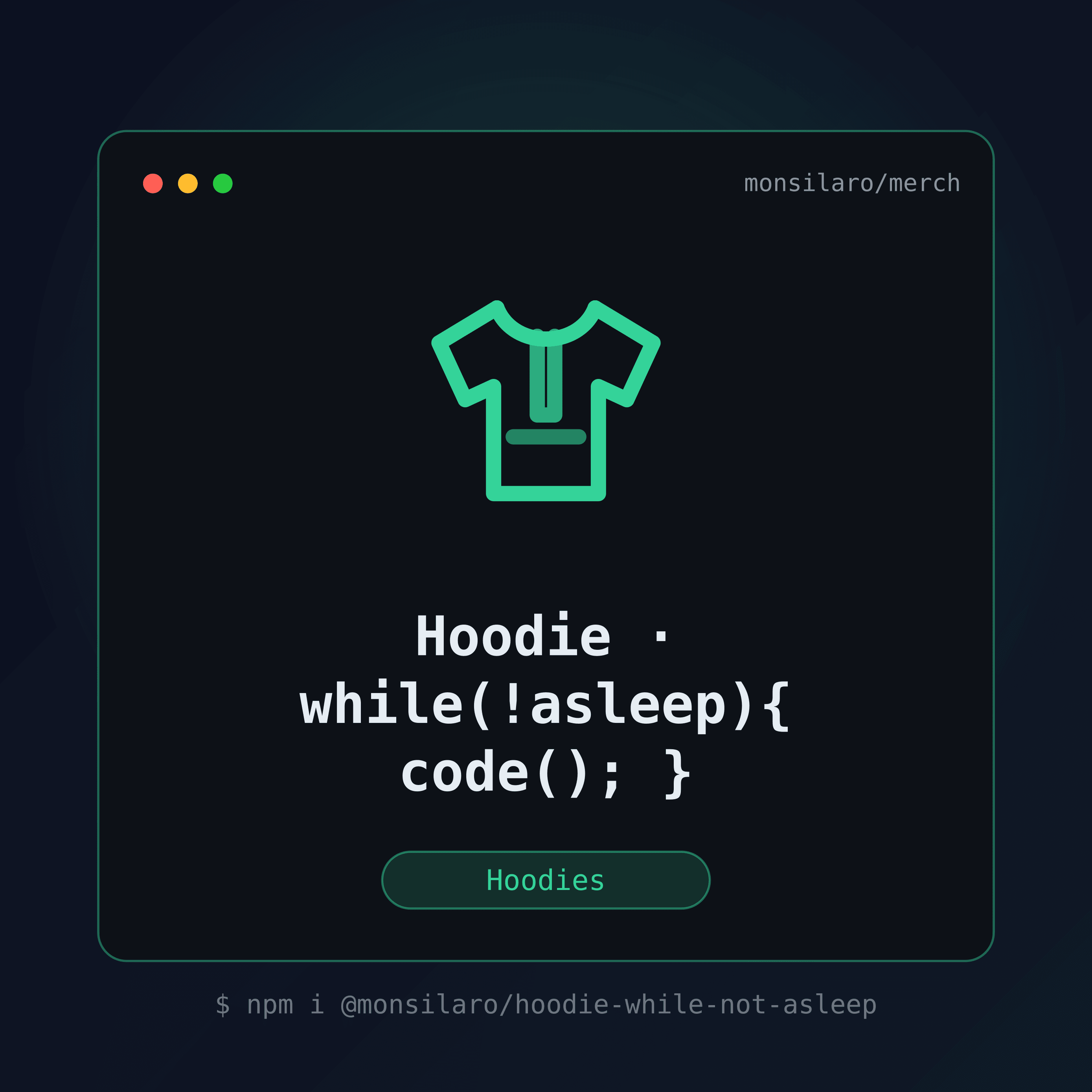 Hoodie — while(!asleep){ code(); } — visuel produit Monsilaro Merch